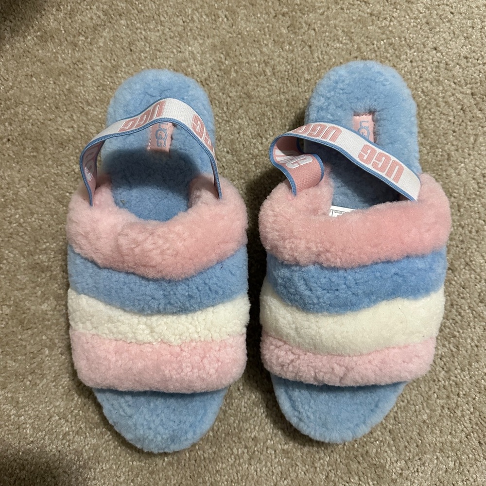 UGG Womens Fluffy Slippers - Blue, Pink, and Cream